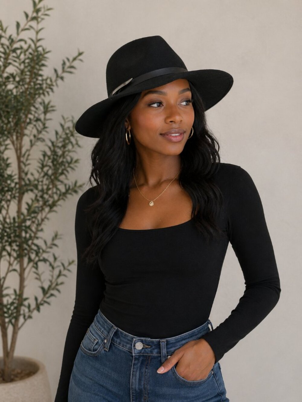 Classic Black Wool Wide Brim Hat Faux Leather Trim Fedora Boho Chic